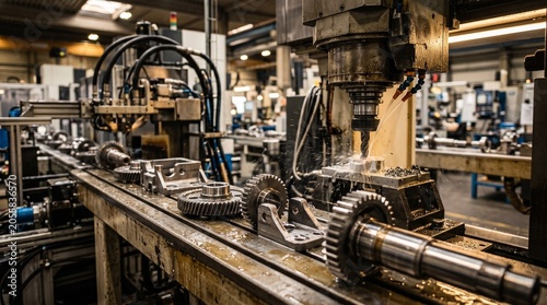 Automated production line with turning-milling equipment processing metal gear blanks in a modern machine-building workshop.