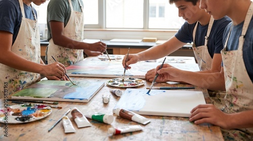 Group of teenage boys painting on canvas in art class studio, creative education for young male students, artistic hobby and skill development concept