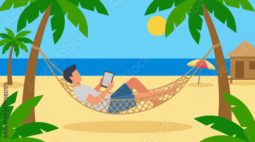 Foto Digital Nomad Working from Beachside Hammock with Tablet
