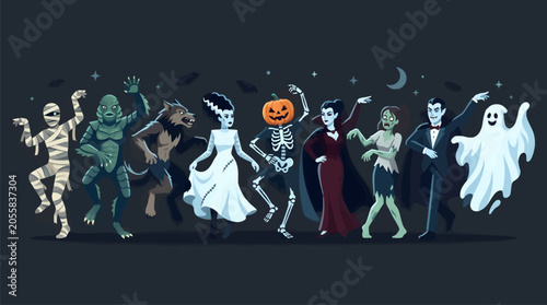 Quadro su tela Classic Horror Monsters Dancing in Flat Design Style, Including Mummy, Creature,