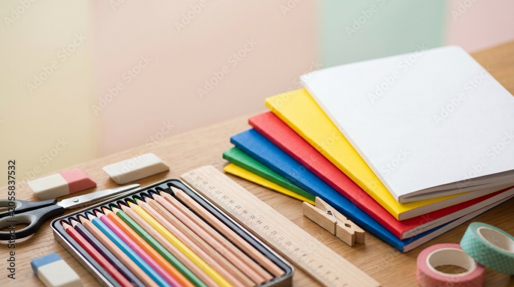 Fototapeta premium Back to School Supplies Flat Lay with Colorful Notebooks and Pencils on Wooden Desk for Creative Study Planning and Education Concept