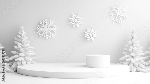 White winter scene with product display podium, snow trees, and snowflakes.