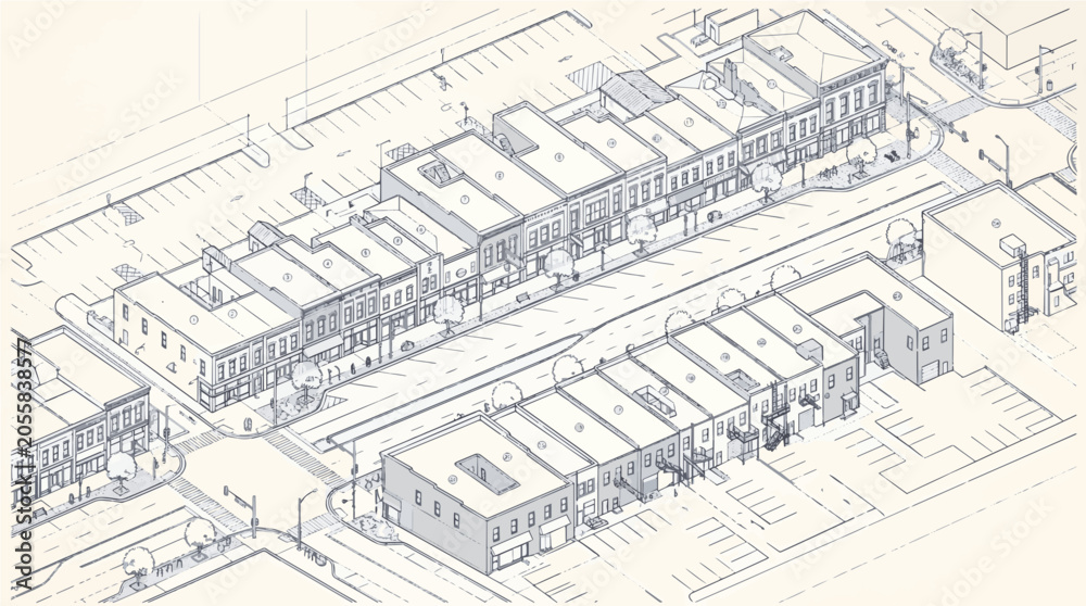 Fototapeta premium Isometric Illustration of a Small Town Commercial District with Street View and Parking Lots