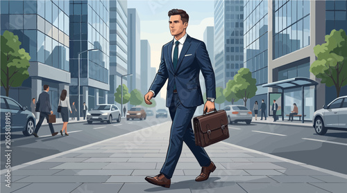 Successful Business Professional Walking Confidently Through a Modern City Street Scene