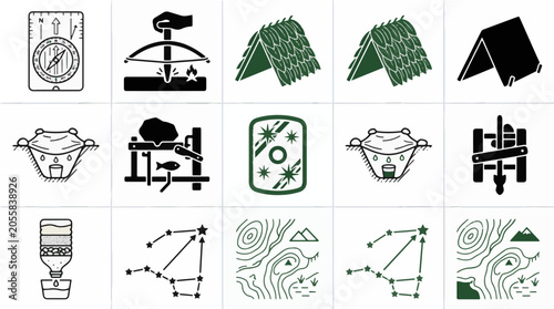 Set of Linear and Solid Outdoor Camping and Adventure Survival Gear Icons