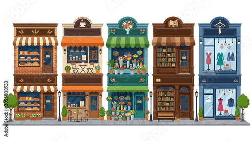 Colorful cartoon storefronts with bakery, flower shop, cafe, bookstore and fashion boutique
