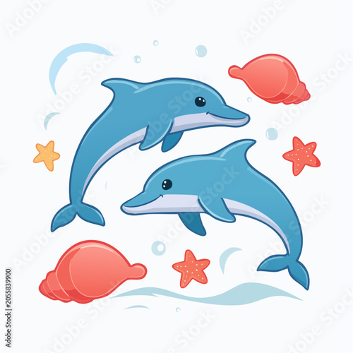 Cute Cartoon Dolphins Swimming with Starfish and Shells