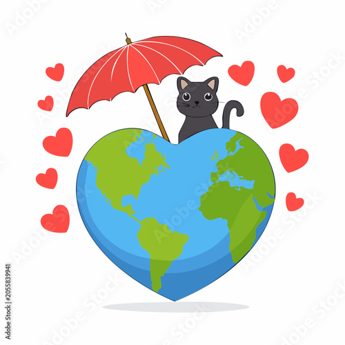 Cute Cat Protecting Heart-Shaped Earth Under Umbrella