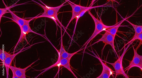 Fluorescent microscopy of neural network cells with glowing synapses on dark background
