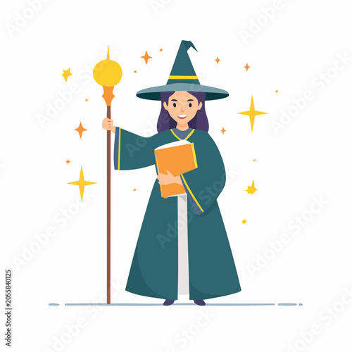 Young Witch Holding a Book and Staff with Magical Stars
