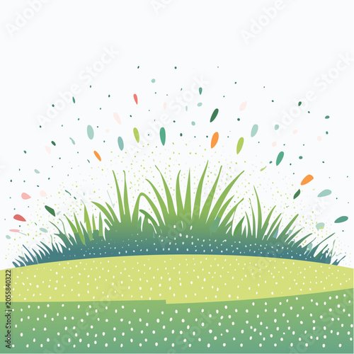 Abstract illustration of green grass with colorful falling confetti