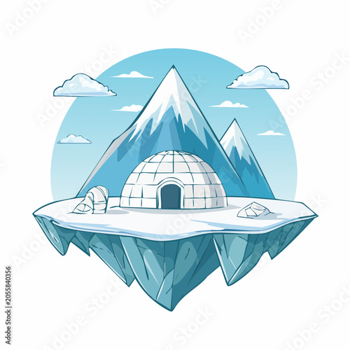Cartoon Igloo on Floating Iceberg with Snowy Mountains