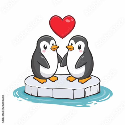 Cute Cartoon Penguins in Love on Ice Floe with Heart