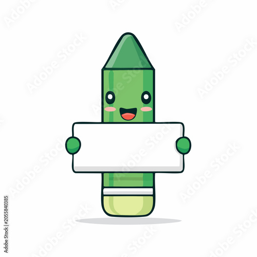 Cute Green Crayon Character Holding Blank Sign