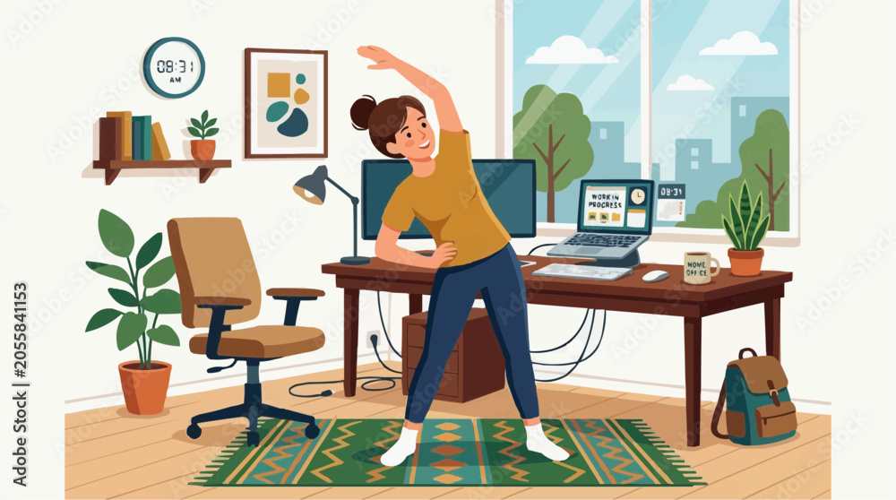 Fototapeta premium 2D Flat Vector Woman doing stretching exercises at home office desk with laptop and plants