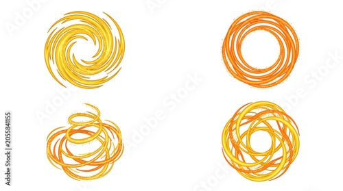 A set of abstract golden liquid swirls on white background