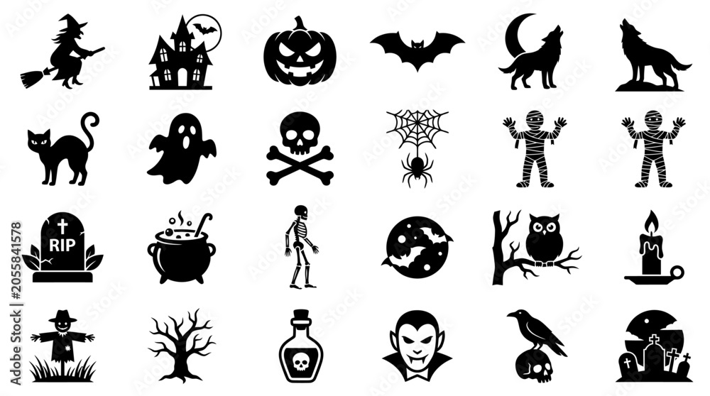 Fototapeta premium Diverse collection of spooky Halloween-themed silhouette icons perfect for festive season designs, graphic assets, and holiday digital content