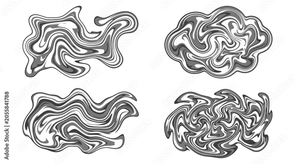 Fototapeta premium Four abstract monochrome liquid shapes on a white background