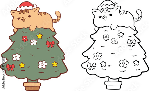 Cute Christmas Cat on Tree Vector Clipart Set, Color and Outline