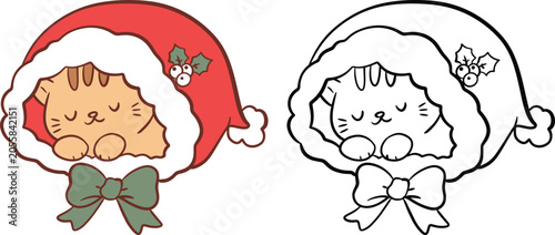 Christmas Cat in Santa Hood Vector Clipart Set, Color and Outline