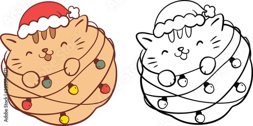 Christmas Cat Wrapped in Lights Vector Clipart Set, Color and Outline
