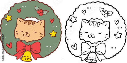 Christmas Cat in Wreath Vector Clipart Set, Color and Outline