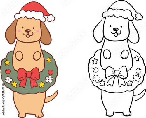 Christmas Dachshund in Wreath Vector Clipart Set, Color and Outline