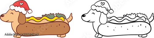 Hot Dog Dachshund Christmas Vector Clipart Set, Color and Outline