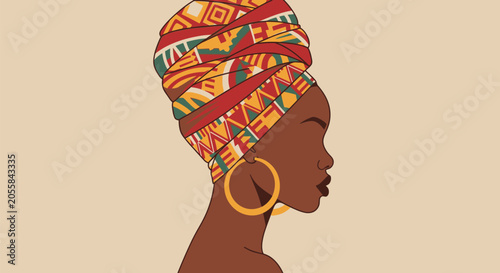 Beautiful Black woman wearing a traditional African headwrap with golden hoop earrings.