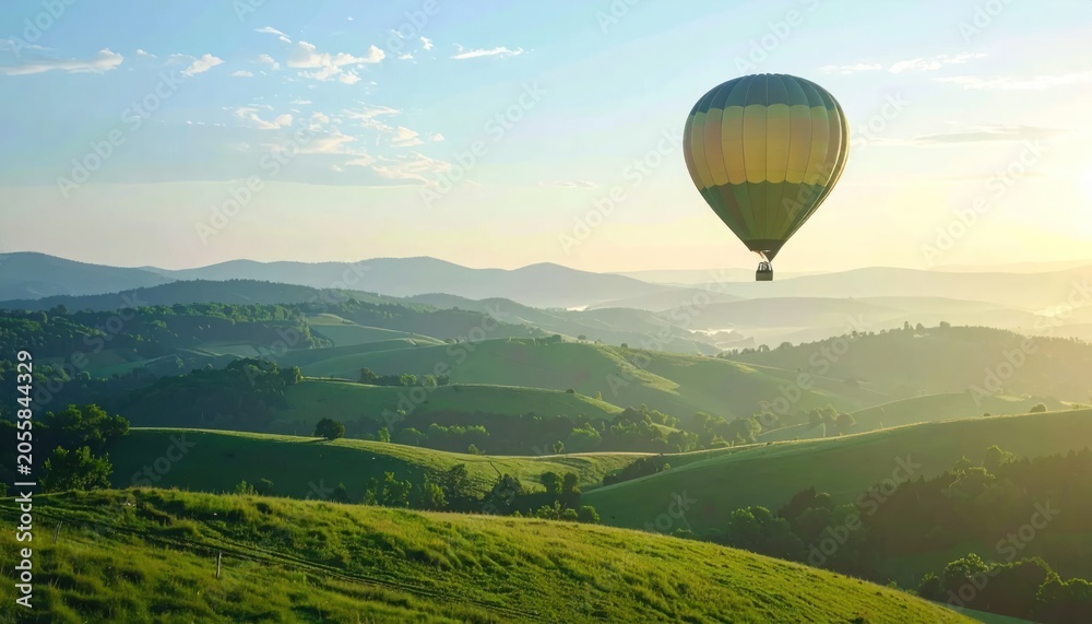 Naklejka premium Hot Air Balloon Soaring Over Lush Green Rolling Hills at Sunrise.