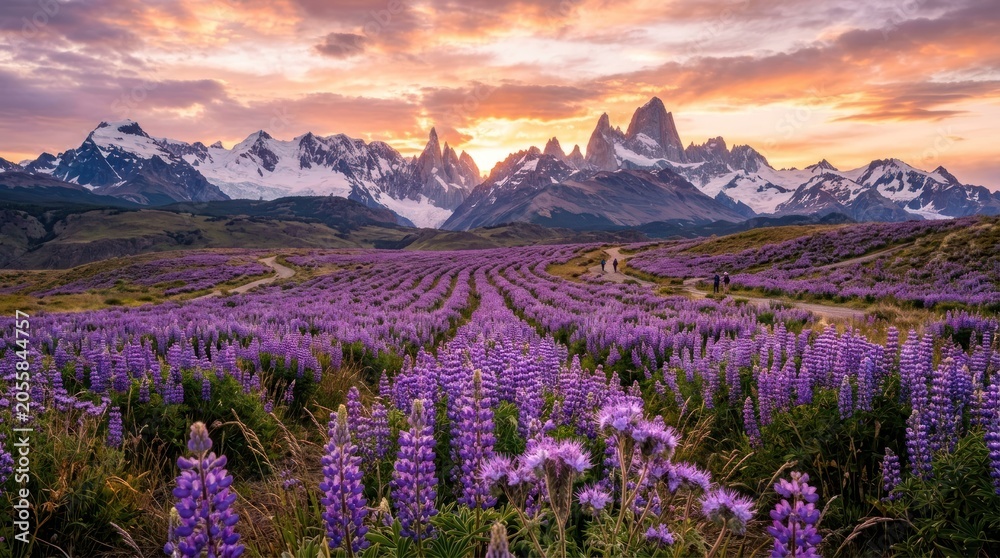 Obraz premium Vast purple flower field stretches toward majestic mountains at sunset