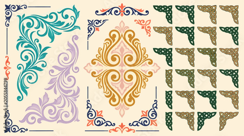 Foto Ornate Vintage Decorative Flourishes and Celtic Knots in Teal, Purple, Gold, and
