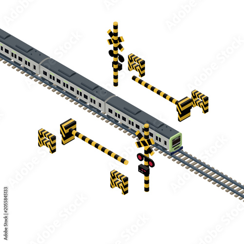 踏切を通過する電車のアイソメトリックイラスト。鉄道・交通安全・鉄道インフラ素材。