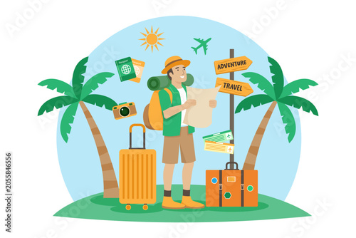 Travel adventure vector illustration featuring a backpacker with luggage, map, passports, camera and tropical palm trees. Perfect for tourism, vacation planning, exploration and holiday themes.