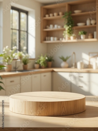 Modern minimalist kitchen interior with a round wooden display podium on a natural wood countertop, illuminated by warm sunlight. 