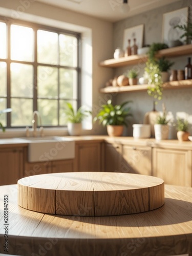 Modern minimalist kitchen interior with a round wooden display podium on a natural wood countertop, illuminated by warm sunlight. 