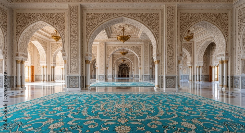 Obraz premium Elegant hallway with arches and decorative carpet in neutral tones