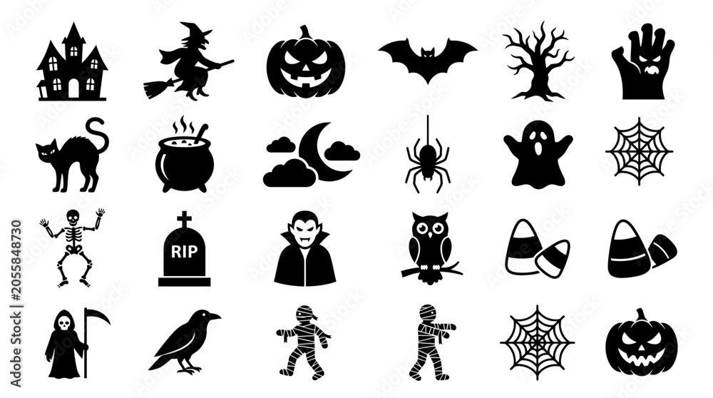 Fototapeta premium Set of Diverse Halloween Symbols and Spooky Holiday Icons Featuring Ghostly Creatures and Festive Elements for Seasonal Graphic Design Projects