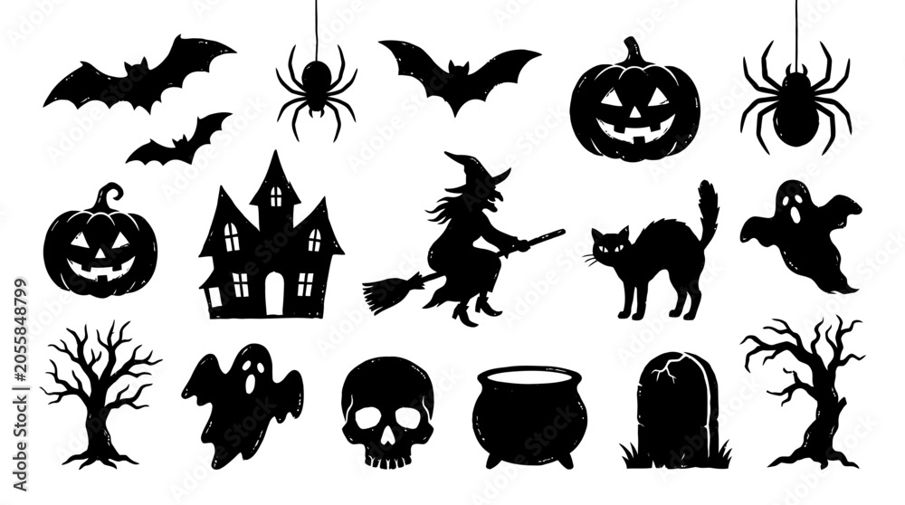 Fototapeta premium Comprehensive Set of Chilling Halloween Elements Featuring Bats, Pumpkins, Witches, and Ghosts for Creative Seasonal Graphic Design Projects and Eerie Themed Content