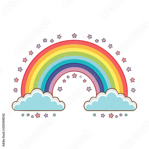 Colorful cartoon rainbow with stars and clouds