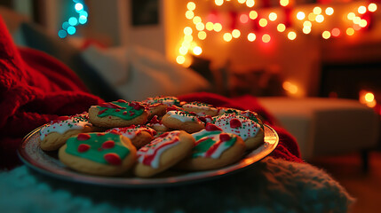 Close-up of a plate filled with decorated christmas cookies on a warm blanket with out-of-focus festive fairy lights christmas celebration december