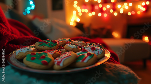 Close-up of a plate filled with decorated christmas cookies on a warm blanket with out-of-focus festive fairy lights christmas celebration december