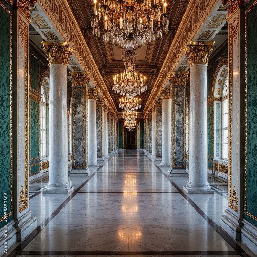 Obraz premium Elegant hallway with columns and chandeliers creating a grand perspective