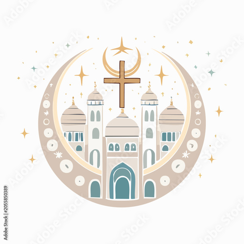 Interfaith Symbolism of Mosque and Cross within Crescent Moon.