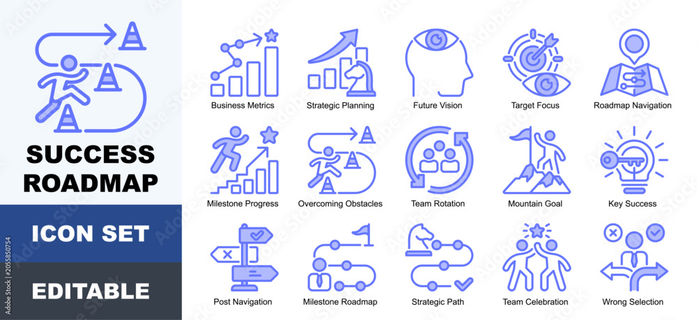 Fototapeta premium Success Roadmap Icons Pack Featuring Achievement, Career, Development, Direction, Goal, Growth, Milestone, Roadmap, Strategy, Success