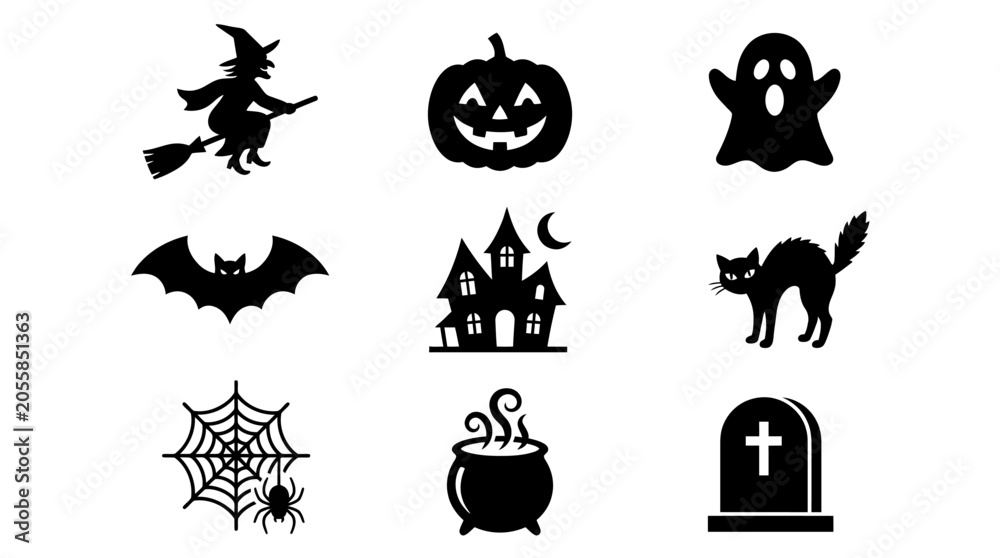 Fototapeta premium Halloween silhouette icons set containing witch, pumpkin, ghost, bat, haunted house, cat, spider web, cauldron, and gravestone