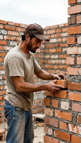 Construction worker laying bricks at building site urban environment high-resolution image