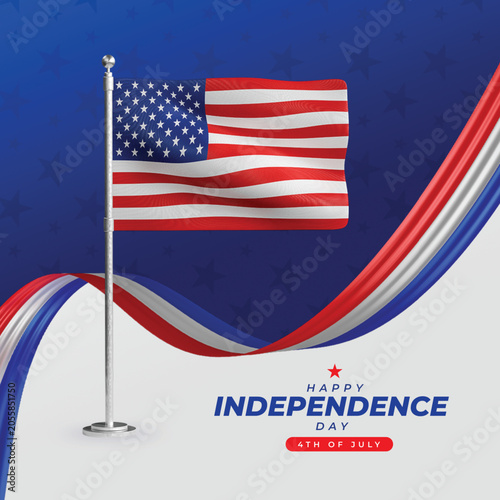 American Independence Day Banner with USA Flag and Patriotic Wave Background