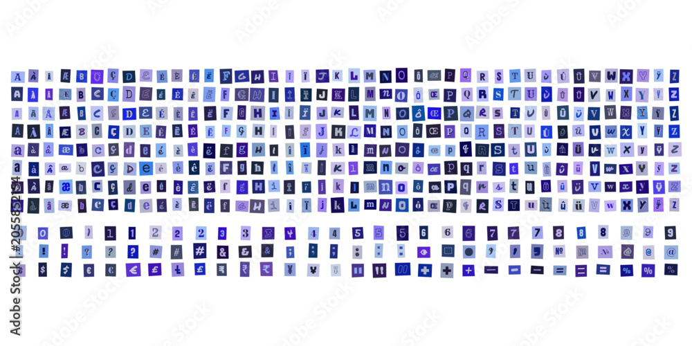Fototapeta premium Alphabet decoupe style lettre de rancon en bleu, ensemble de lettres et chiffres pour design graphique, typographie creative et collage