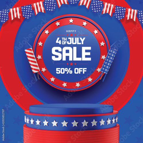 4th of July Sale Banner with Patriotic Podium and 50 Percent Off